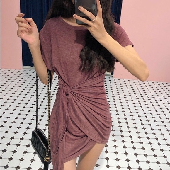 NWT Dusty Red Short Sleeve T-shirt Tie Mini Dress - Picture 2 of 5